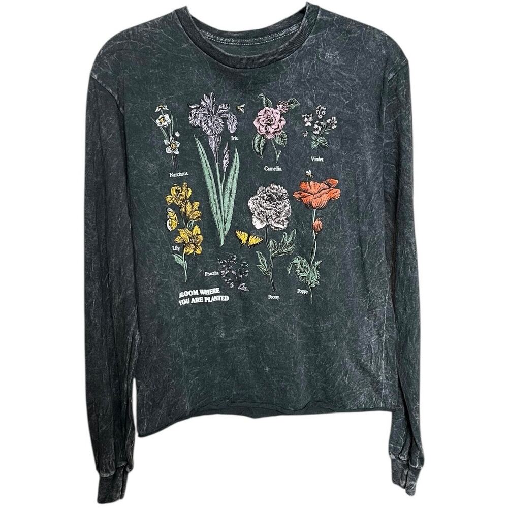 Cold Crush Botanical Graphic Tee Charcoal Gray Long Sleeve T-Shirt - S